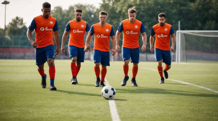 足球队在训练场进行体能和传球训练的场景